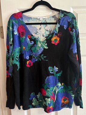 Chico's floral v neck pullover sweater stretch comfy summer office tropical L